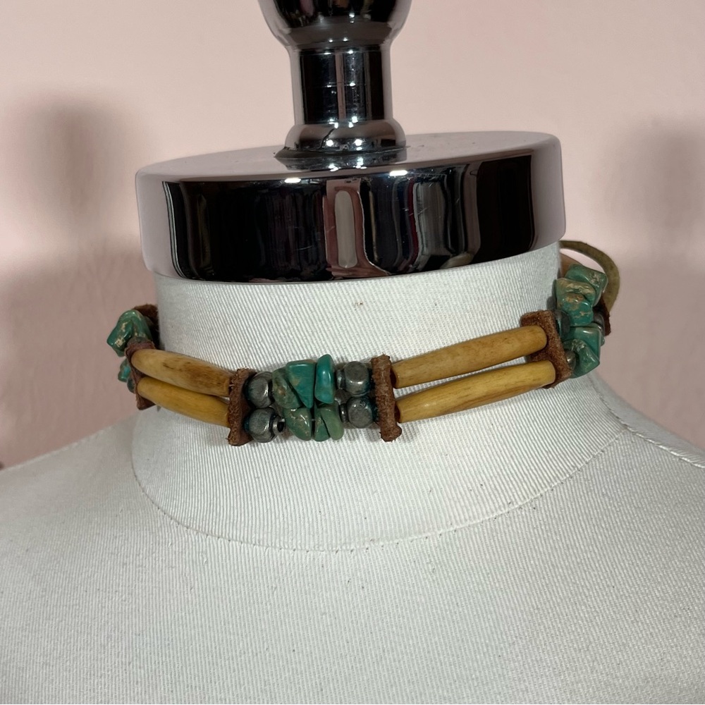 Vintage Southwestern turquoise wood Leather rustic Wide Festival Choker Necklace